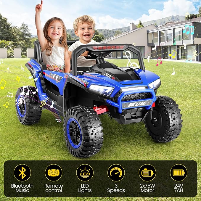 Hikole Power Car Wheels Two Seater, 24V Electric Ride on Car with Parent Remote Control, XXL Wide Seat, Electric Car for Kids Ages 4-8, Driving/Reverse, 4 Wheeler Suspension, Dark Blue
