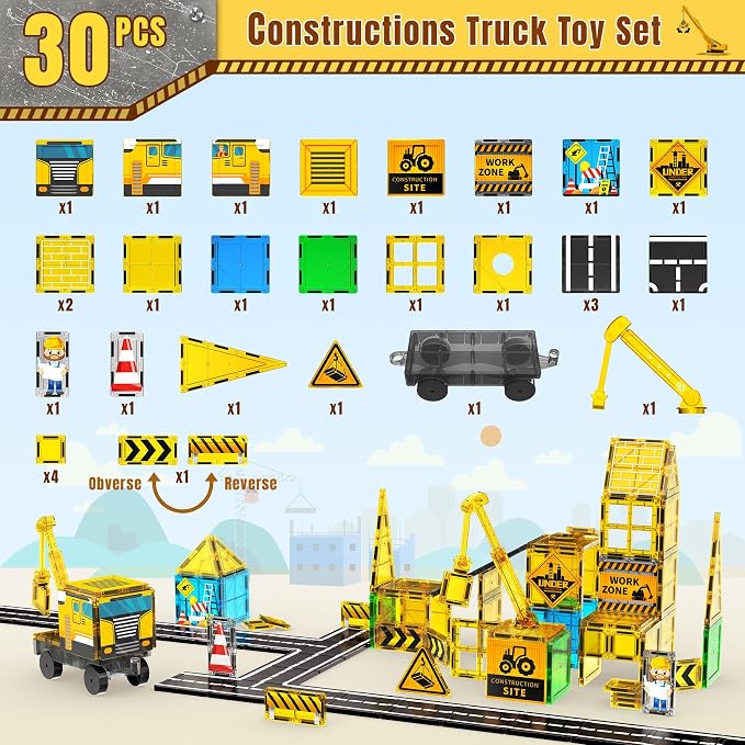 SKTMYY Magnetic Tiles for Kids, Construction Toys with Crane Road Truck Magnets Building Blocks Gifts for Kids Ages 3-5 4-8 Montessori Preschool Educational STEM Toy Gifts for 3+ Years Old Boys