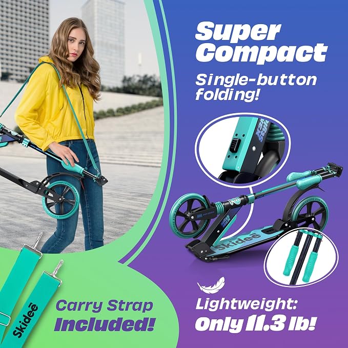 Skidee Adult & Teen Scooter Adjustable Height, Folding, Large Wheels, Lightweight, Durable, Anti-Shock Suspension, Up to 220 lbs
