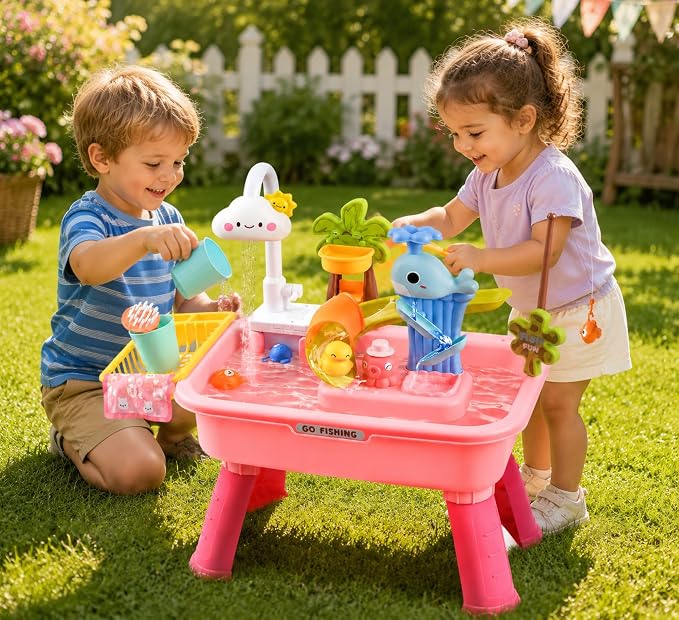 2026 Upgraded Toddler Sand Water Table Toy with Electric Water Pump, Kids Sand Water with Faucet/Play Food Accessories/Fishing Toy, Kitchen Play Sink Toys for Girl Boy Age 3+ (Pink)