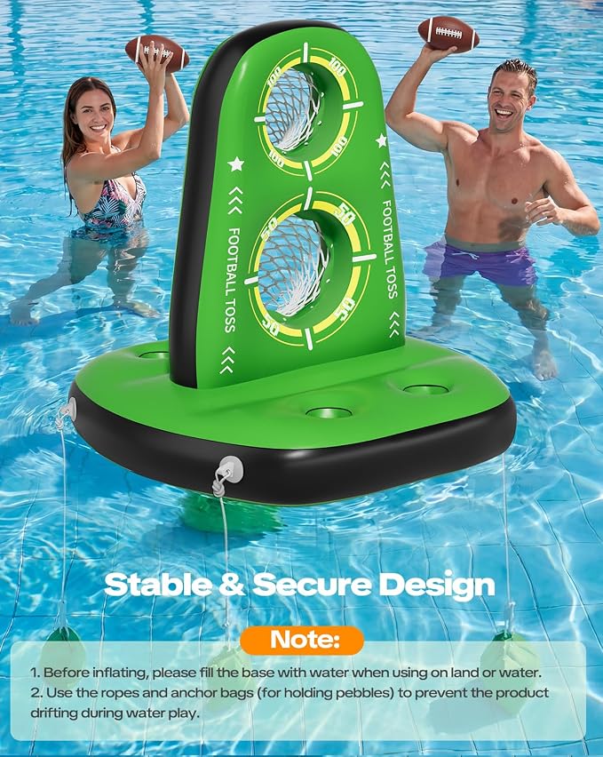 Inflatable Pool Football Toss Games, Water Football Target with 4 Balls & 2 Pumps, Stable Base & Dual Net Design, Outdoor Pool Toys for Kids & Adults