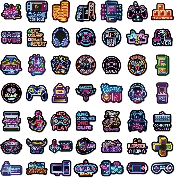QTL Neon Video Game Stickers for Boys Teens, Game Party Supplies, Waterproof Vinyl Stickers for Water Bottle Laptop, 50 Pcs