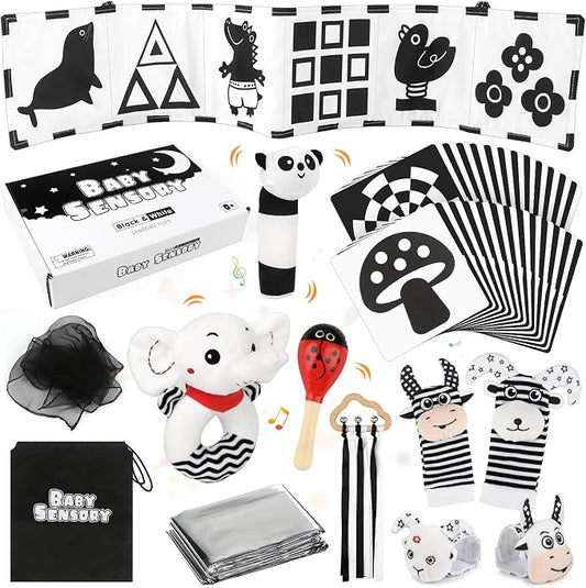 Dreamon 32PCS High Contrast Black and White Baby Sensory Toys, Newborn Tummy Time Toys with Rattle, Soft Book & Flash Cards, Montessori Infant Toys for 0-12 Months Boys Girls Shower Gifts