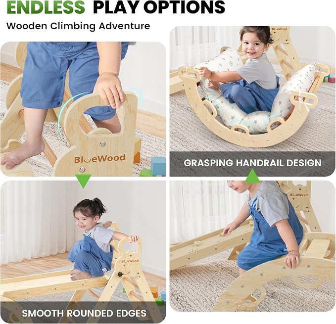 BlueWood Pikler Triangle Set with Cushion - Climbing Toys for Toddlers 9-in-1, Montessori Philosophy Play Jungle Gym with Arch, Ramp, Ladder (Natural Color)