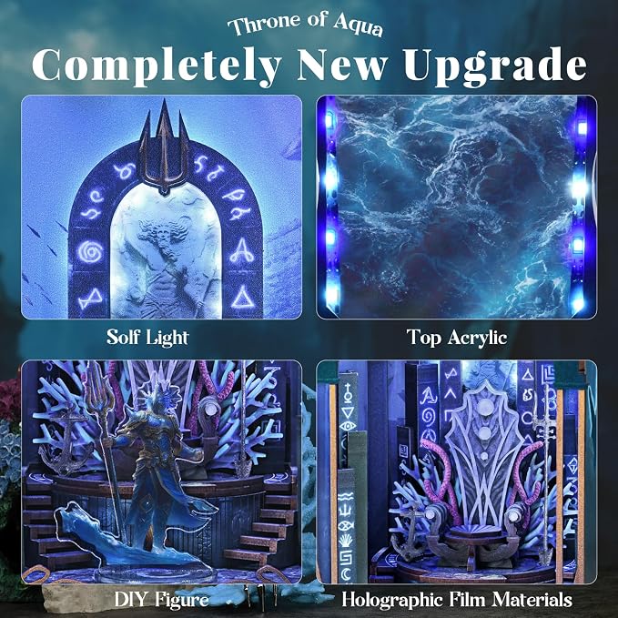 MiniCity Book Nook Kit - DIY Miniature Dollhouse Kits Gifts for Adults to Build, Throne Miniatures, Wooden Adults Crafts, Mini Model Kits with LED (Throne of Aqua)
