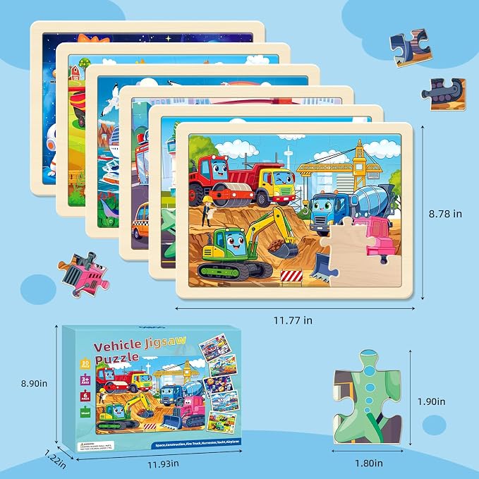 6-Pack Wooden Puzzles for Kids Ages 3-5, 30 Piece Jigsaw Puzzles Puzzles for Kids Ages 4-6, Educational Puzzles for Boys and Girls, Ages 3+