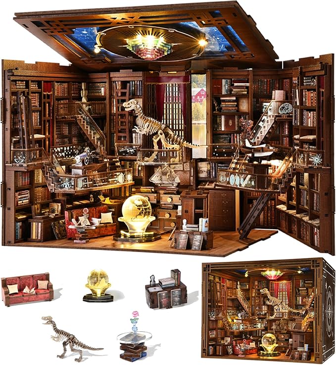 CCCDF DIY Book Nook Library Kit, Miniature Dollhouse Booknook Kit, 3D Wooden Puzzle Bookend Bookshelf with LED Light for Teens and Adults (Beyond Library Max)
