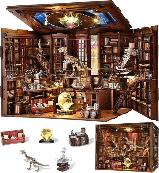 CCCDF DIY Book Nook Library Kit, Miniature Dollhouse Booknook Kit, 3D Wooden Puzzle Bookend Bookshelf with LED Light for Teens and Adults (Beyond Library Max)