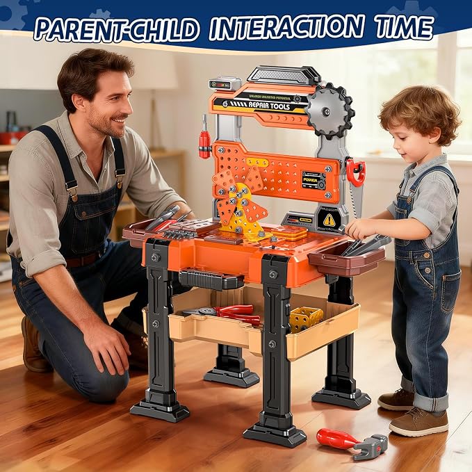 2-in-1 Kids Tool Bench Set, 152 Pcs Toddler Tool Toy Playset with Electric Drill & Realistic Tools, STEM Building Pretend Play Construction Toys for Boys, Toddlers Toys Gifts for Kids Ages 3 4 5 6 7