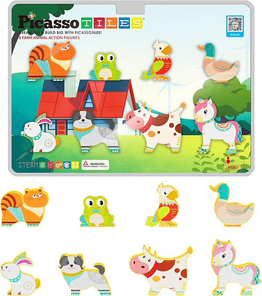 PicassoTiles Magnetic Tiles 8 Character Farm Animal Accessory Add on Set Compatible with Picasso Magnet Tile Playsets Pretend Play Preschool Toy STEM Educational Toys for Learning Kids Ages 3+ PTA27