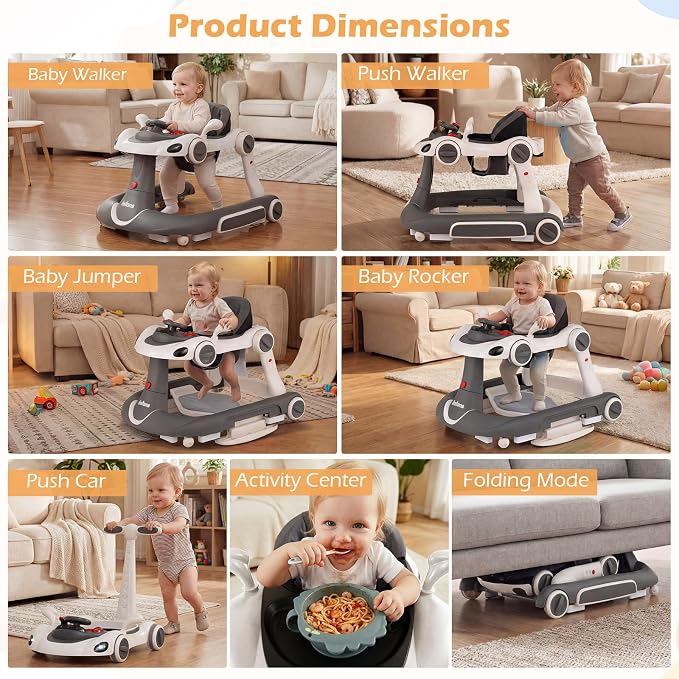 INFANS 6-in-1 Foldable Baby Walker, Converts Push Car to Bouncer, Rocker with Music, Lights, Adjustable Height & Speed, Activity Center, Canopy for 7-18 Months (Gray White)