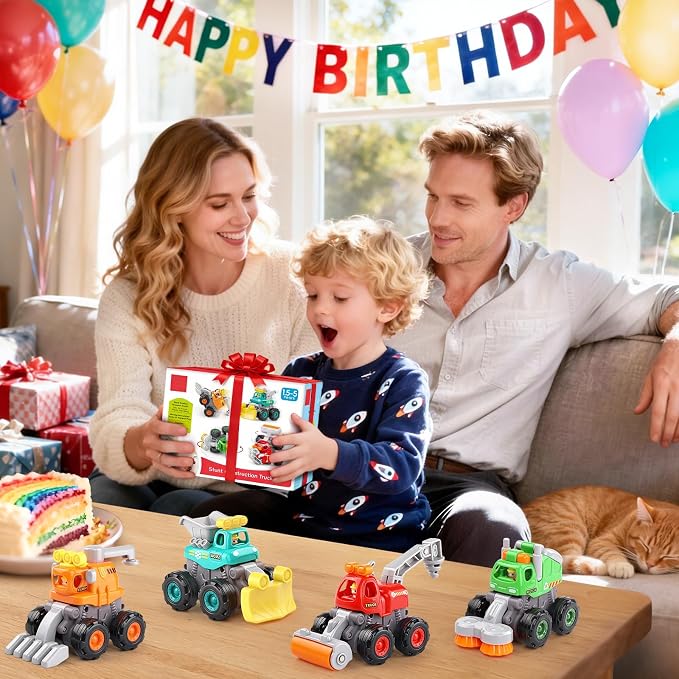 ORWINE Baby Boy Toys Cars, Push and Go Cars for Kids, Friction Powered Stunt Trucks, 4PCS Construction Vehicles Baby Toys for 2 3 4 5 Years Old Boys Girls, Birthday for Toddler Age 2-3