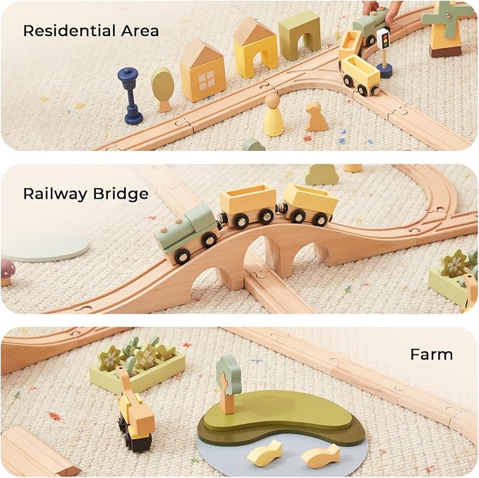 OOOK Multi-Scenario Wooden Train Set,All Wood Accessories Train Set for Toddlers 3 Years Old, Multi-Scenario Train Toy for 3 4 5 Years Old Girls & Boys