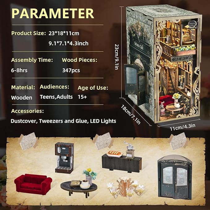 MiniCity Book Nook Kit, DIY Doll House Booknook, Miniature Kit for Bookshelf Doll Houses for Adults Teen Halloween, 3D Wooden Puzzle Bookends with Led Light and Dust Cover (Saisons Café)