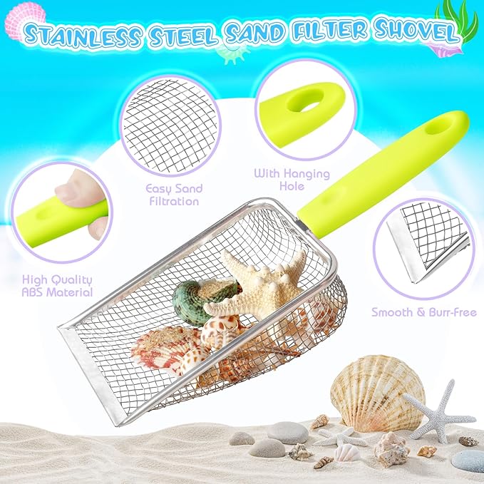 Beach Shell Collecting Set, Sand Toys with 2 Collapsible Buckets, Shark Tooth Sifters, Sand Scoops, Mesh Bags, Outdoor Exploration Tools & Treasure Hunt Toys for Kids, Family Beach Vacation Essentials
