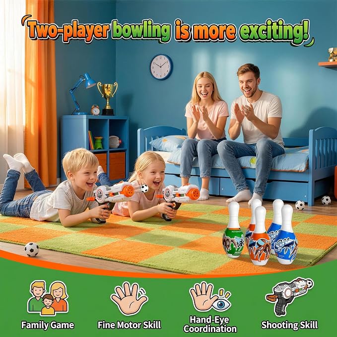 Kids Shooting Game Toy Set - 2 Pack Soccer Game 2 Foam Ball Blaster Launchers with 48 Soccer Balls, 6 Bowling Pins with LCD Score Display - Sports Toys for Boys Girls Ages 3+Years