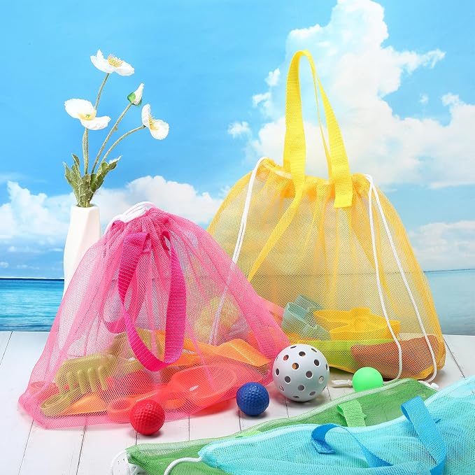 Paterr 8 Pcs Mesh Beach Tote Bag Seashell Bags Foldable Large Beach Toy Organizer with Drawstring, Pool Gym Swimming Camping Accessories Lightweight Foldable Birthday Gifts (8 Colors)