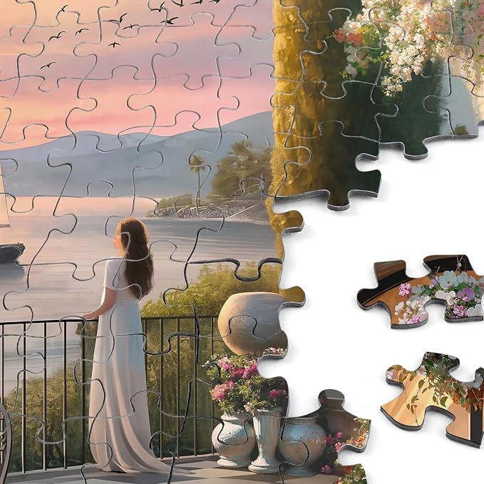 Puzzles for Adults 1000 Pieces, Rocorose Sunset Courtyard Puzzle Sea Landscape Challenging Family Puzzles for Gift Game Night Fun Activity Christmas Home Decor