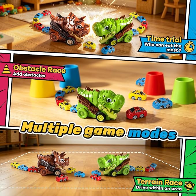 Remote Control Dinosaur Truck Toy Eats Cars for Kids 3-7 | RC Tyrannosaurus, 9 Mini Magnetic Cars, 2 Speed, 2.4G Rechargeable, Birthday Holiday Gift for Dino & RC Cars Lover
