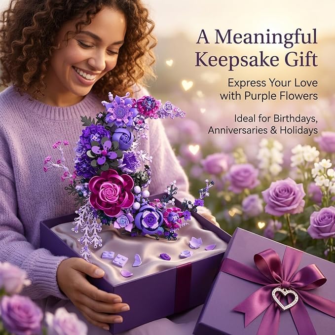 Purple Moon Flower Building Set, Botanical Collection Artificial Flowers Building Blocks Kit Compatible with Lego for Adults Home Décor Wall Art Decoration