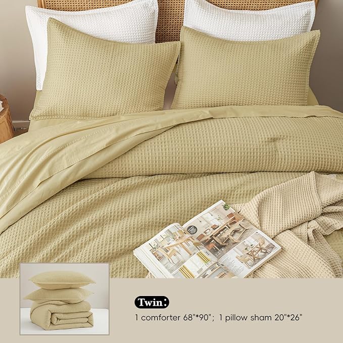 David's Home Waffle Weave Comforter Set 2PCS Twin Size, Soft Breathable Lightweight Cozy Skin-Friendly Warm for All Season, Elegant Aesthetic Home Decor Bedding Set with Pillow Shams, Pale Khaki