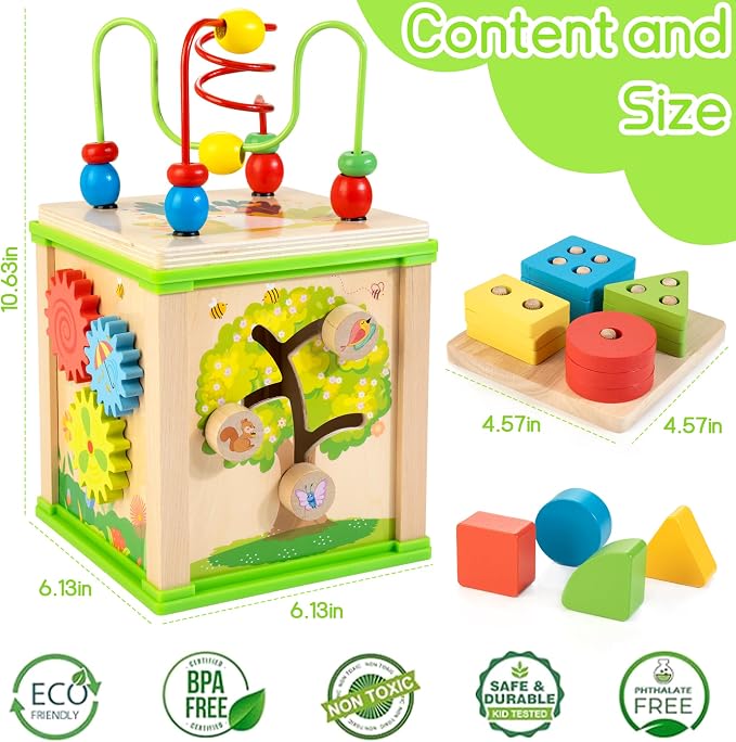 WOODMAM Wooden 7-in-1 Activity Cube| Montessori Toys for 1 Year Old Toddlers| Baby Educational Developmental Toys |One Year Old Boys Girls First Birthday Gifts |Bonus Sorting & Stacking Board