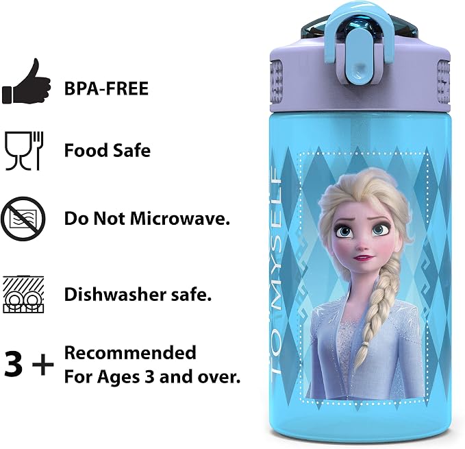 Zak Designs Disney Frozen 2 Kids Water Bottle with Spout Cover and Carrying Loop, Durable Plastic, Leak-Proof Water Bottle Design for Travel (16 oz, 2-Pack, Non-BPA, Elsa & Anna)