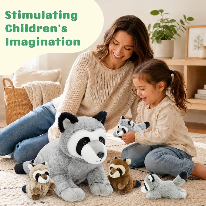 MaoGoLan 5pcs Raccoon Plush, 22 inch Large Mommy Raccoon Stuffed Animal with 4 Babies, Realistic Cute Stuffed Animal Toys for Boys Girls Kid, Christmas Birthday Gift