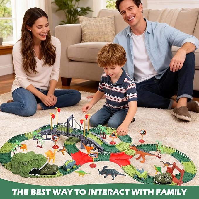 FUNBUD Dinosaur Race Track Toys for Kids - Birthday Gifts for Boys Age 3 4 5 6 7 Year Old, Flexible Race Cars Track Playset with Lights, 280+ PCS Creative