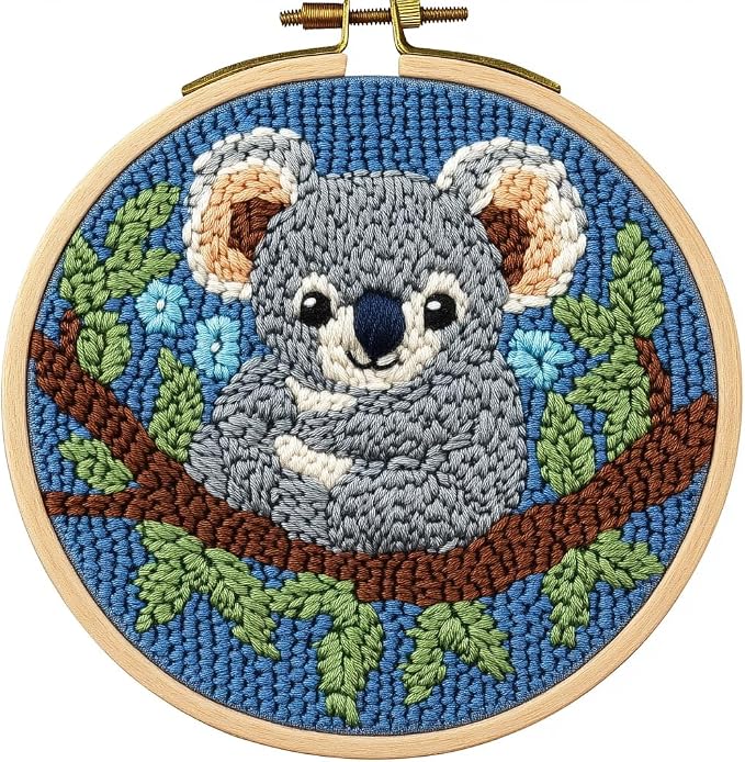 DIY Punch Needle Kits for Beginners Cute Cartoon Koala Portrait with Hoop Embroidery Punch Needle Starter Craft Set Easy for Adults and Children Festival Gift and Decoration 20x20cm-3