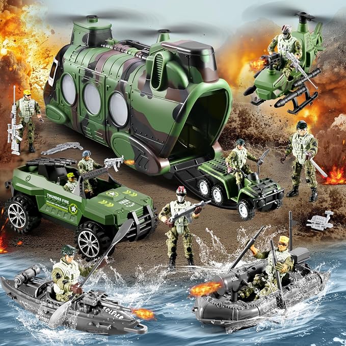 56-in-1 Army Men Toys Sets for Boys 4-7 8-12, Army Helicopter/Truck/Kayak Boat/Motorcycle/Army Men Action Figures/Weapon Gears, Army Toys for Boys Kids Birthday Gifts Party Favors