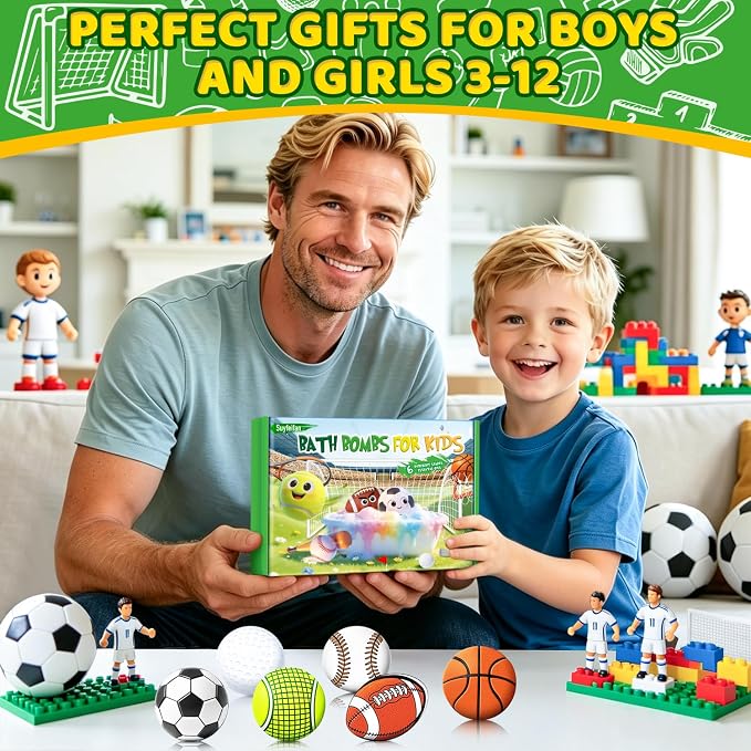 Bath Bombs for Kids, STEM 6-Pack Organic Handmade Bath Bomb Sports Themed, Basketball, Football, Rugby, Golf, Tennis Shapes, Mild Skin-Friendly SPA Toy, Nice Daily Reward and Holiday Gifts