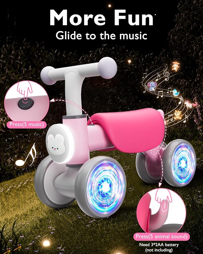 Balance Bike Toddler Outdoor Toys for 1 2 Year Old Girl Birthday Gifts | Baby Shower Gifts 4 Wheels Colorful Lighting Baby Bike with Music Ride On Toy for 1 2 Year Old