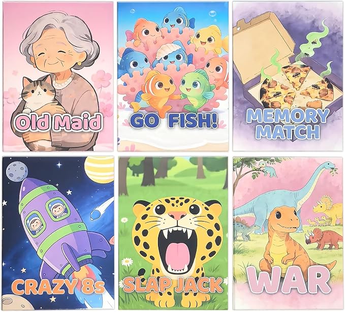 6-Pack Card Games for Kids, Go Fish, Old Maid, Crazy 8, Slap Jack, War | Memory Match Fun Family Games, Matching Game, Holiday Games, Playing Cards for Kids