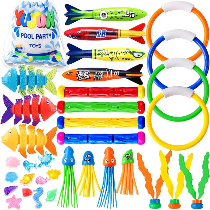 YUJUN 35PCS Pool Diving Swimming Toys, Summer Underwater Game Toys with Pool Fishes Dive Sticks Rings Gems Storage Bag for Kids Swim Birthday Party Favors