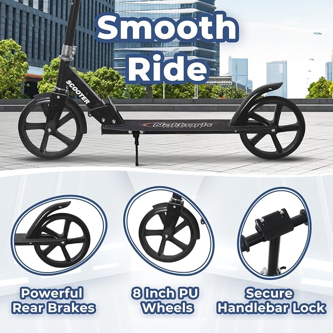 Nattork Scooter for Kids 6+, Teens & Adults - Max Load 220LB, Foldable, Lightweight, Adjustable Height, 8-Inch Wheels Kick Scooter for Boys Girls