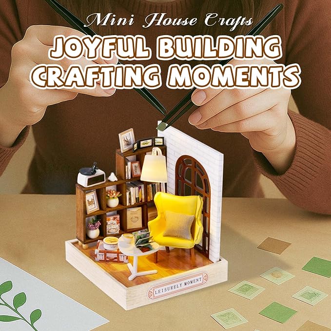 Kisoy Dollhouse Miniature with Furniture Kit, DIY 3D Wooden DIY House Kit with Dust Cover,Handmade Tiny House Toys for Teens Adults Gift(Leisurely Moment)