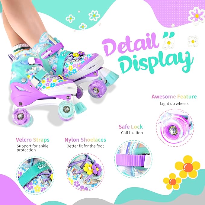SULIFEEL Rainbow Unicorn 4 Size Adjustable Roller Skates for Girls Boys for Kids Ages 3-5 5-8 6-12 Children Skates Indoor Outdoor