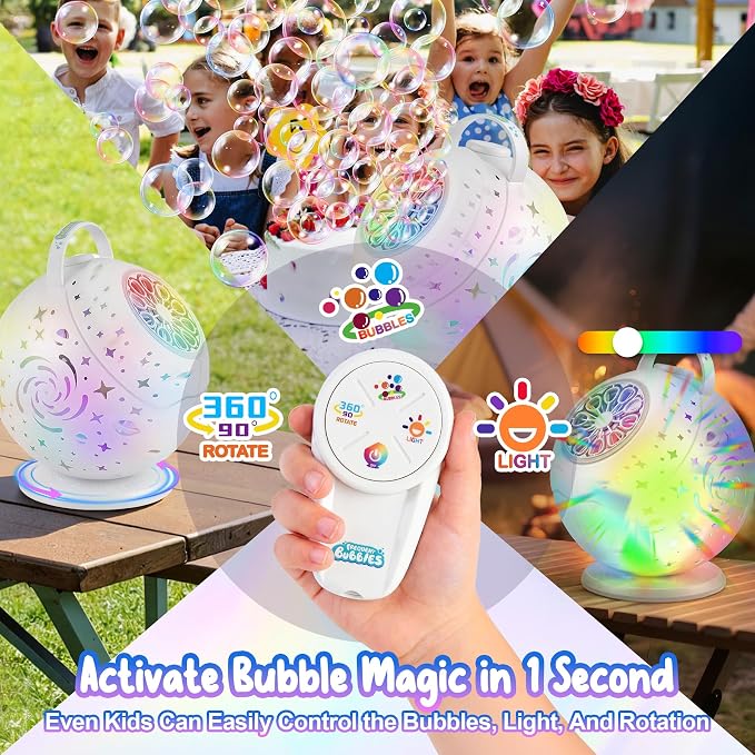 Bubble Machine with Remote Control, 360° Automatic Rotation & 7 RGB Lights Rechargeable Bubbles Machine for Kids Boys Girls, Portable Bubble Machine for Parties Wedding Birthday Outdoor