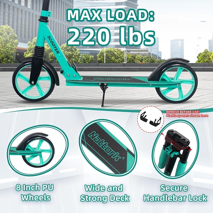 Nattork Kick Scooter for Kids 6+ Years Teens Adults - 220LB Weight Capacity, Front Shock Absorber and Adjustable Handlebar - Smooth Ride with 8" Sturdy Wheels, Ideal for Outdoor Sports