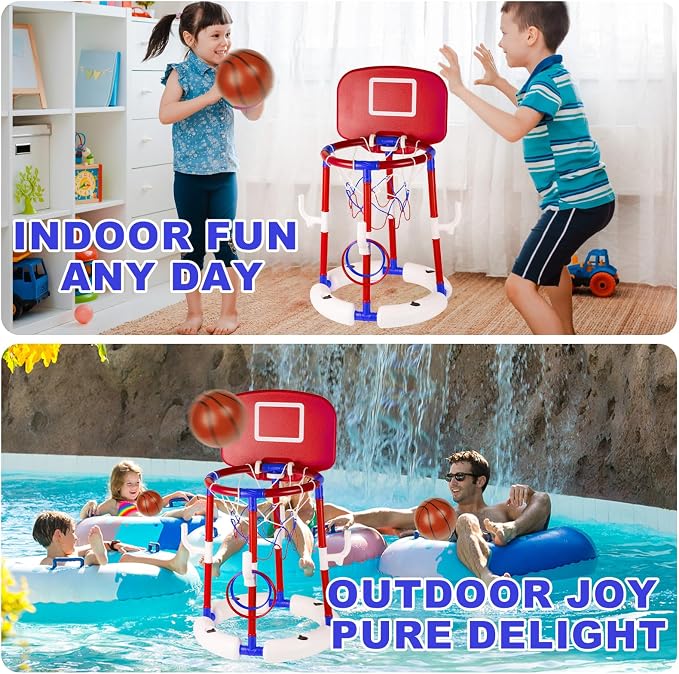 2-in-1 Floating Pool Basketball Hoop, Stable Water Basketball Hoop with Backboard, Basketball Hoop & Ring Toss Pool Games, Summer Fun & Outdoor Family Birthday Pool Toys for Kids & Adults