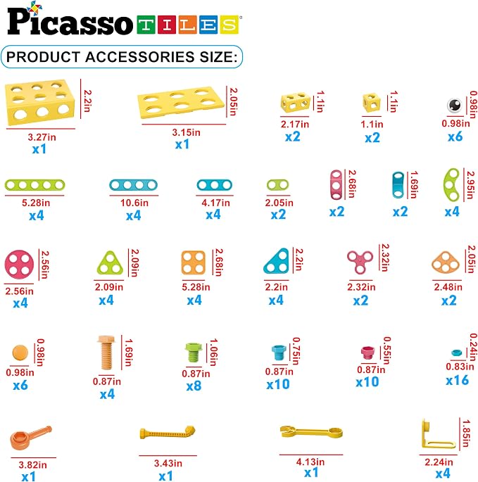 PicassoTiles 115 Piece Building Blocks Set Kids STEM Toy Construction Engineering Sensory Toys Kit Block Children Early Education Playset with FREE IdeaBook, Clickable Ratchet Age 3+ Boys Girls PTN115