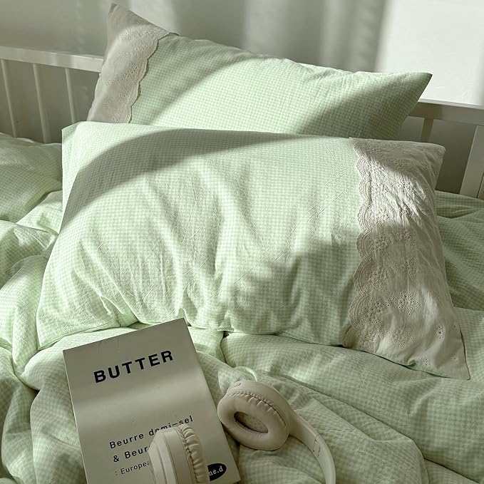 LifeTB Green Gingham Comforter Set King Romantic Lace Style Vintage Checkered Plaid Comforter Set 3 Pieces Green Grid Comforter with 2 Pillowcases Soft Fluffy Farmhouse Gingham Bedding Set King