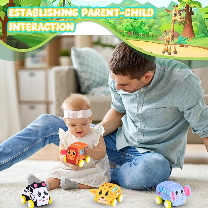 Jetbotell Soft Pull Back Vehicle Set for Toddler Toys Age 1-3 | 4 Cute Animal Cars | Vibrant Animal Designs | Safety & Easy Cleaning | Fine Motor Skills | Simply Pull Back and Release!