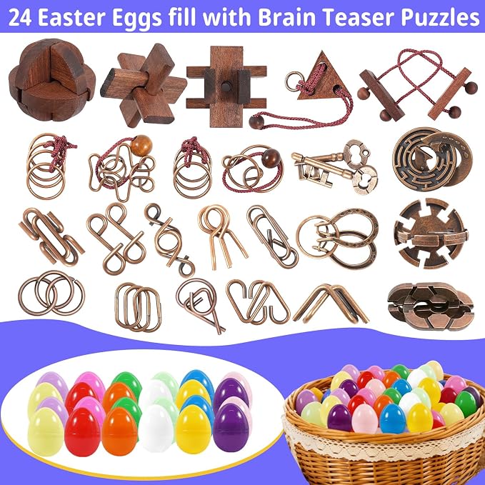 24 Pcs Brain Teaser Puzzles for Adults and Teens - Metal Puzzles 3D Puzzle Game Toys for Adults Teens - Wooden Unlock Interlocking Puzzle Adult IQ Education Smart Toys