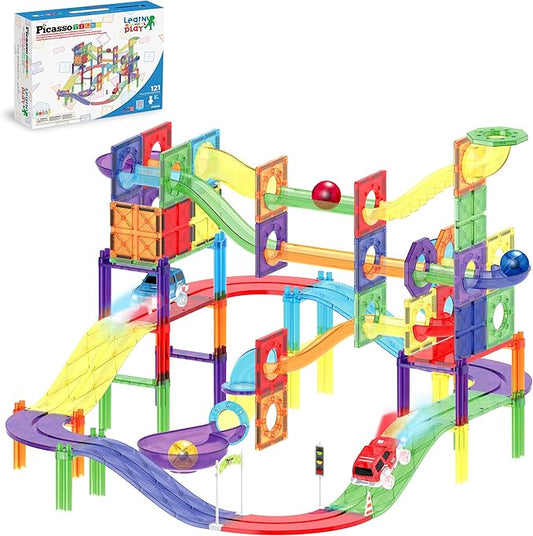 PicassoTiles 121pc Magnetic Tile Race Track Marble Run Magnet Tiles 3-in-1 Playset Car Racing Construction Set STEM Learning Early Education Building Toy Cars for School Toddlers Boys Girls Ages 3+