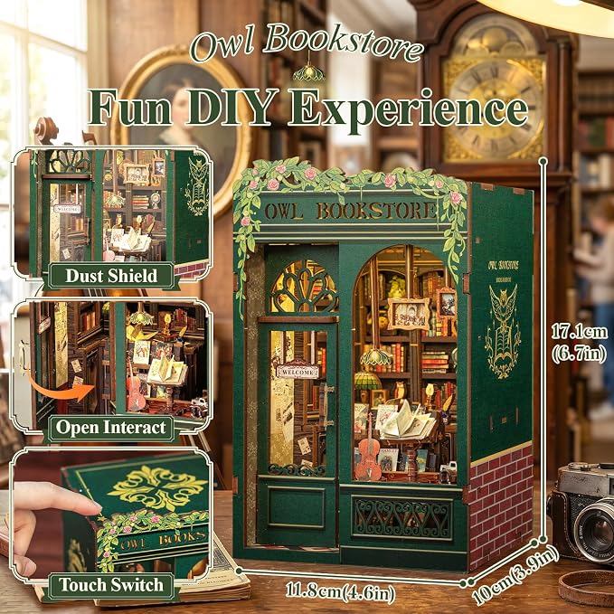 Cutefun Book Nook Kit - DIY Miniature Dollhouse Kit for Adults, Teens and Beginners, Tiny House Bookshelf Decor 3D Wooden Puzzles, Best Birthday and Valentine's Day Gifts (Owl Bookstore)