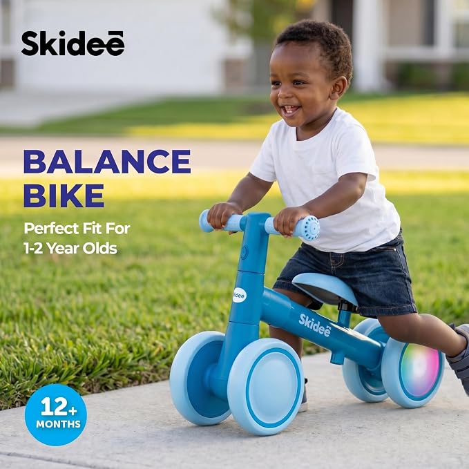 SKIDEE Toddler Balance Bike 1-3, 4-Wheel Balance Bike with Rare Light-Motion-Activated LED Wheels, Adjustable Height & Child Safe Steering, Lightweight Ride-On Toy Training Bike for Boys & Girls