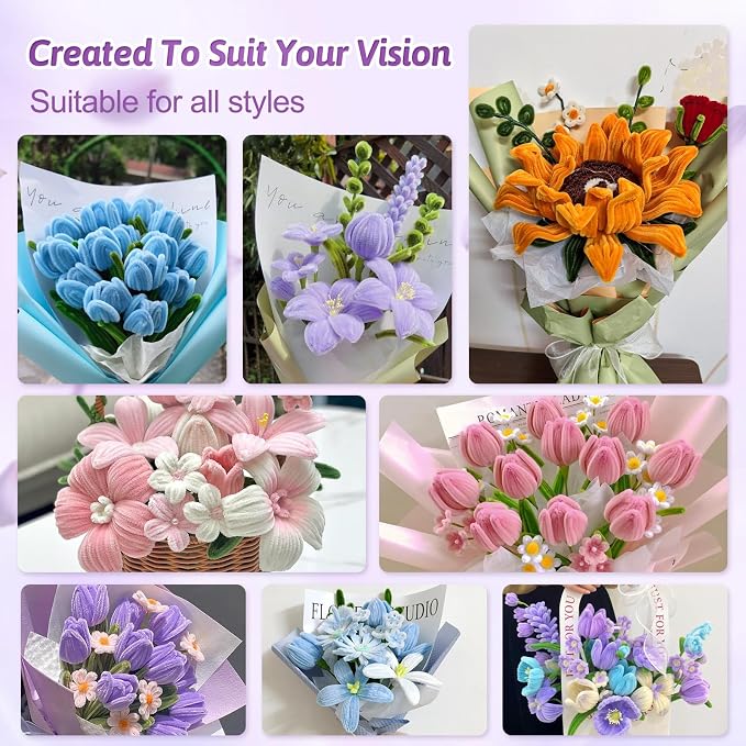 OneAmg 800PCS Pipe Cleaners Craft Kit with 14 Colors，DIY Flowers Making Set | Chenille Stems for DIY Flower Making Kit with Instructions,Floral Wires,Stamen& Ribbon,Art and Craft Supplies