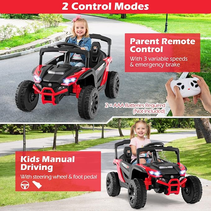 Costzon 12V Kids UTV Ride On Car, Battery Powered Electric Vehicle with Remote Control, 3 Speeds, LED Lights, Music, Horn & Spring Suspension, Off-Road UTV for Boys & Girls 3+ Years Old (Red)